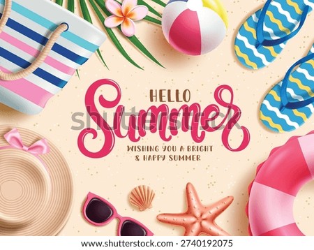 Hello Summer greeting text clipart template. Hello Summer greeting typography in sand beach background clip art with tote bag, hat, beachball, flipflop and sunglasses colorful elements for tropical season design vector illustration.
