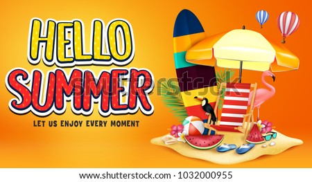 Hello Summer Greeting Text in Orange Background Banner with Realistic Toucan, Flamingo, Watermelon, Surfboard, Beach Ball, Sunglasses, Flowers, Palm Tree Leaves in Sand Island