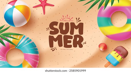 Hello summer greeting text in sand with floaters, popsicle, sea shell, palm leaves and starfish beach elements for outdoor travel background, vector illustration.