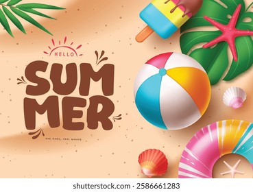 Hello summer greeting text in sand with floaters, popsicle, sea shells, palm leaf, monstera leaf and starfish beach elements for outdoor travel background, vector illustration.