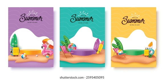 Hello summer greeting text with summer, Tropical and travel vector elements in island background, Hello summer text with Podium and summer elements, Vector illustration.