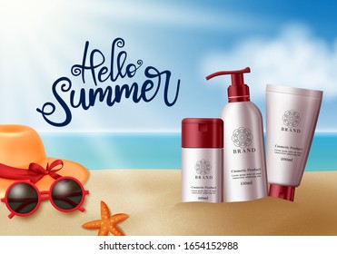 Hello summer greeting text vector concept design. Summer beach background with cosmetic product bottles like sun protection, sunscreen and sunblock for holiday season and summer promotion.