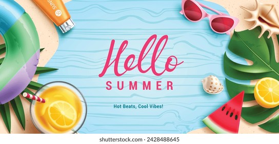 Hallo Sommer Gruß Text Vektor-Vorlage. Sommer Hallo Gruß im Muster Raum mit Getränken Saft, Flöße, Sonnenbrille und Muschel Strand Elemente für tropische Jahreszeit Hintergrund. Vektorgrafik 