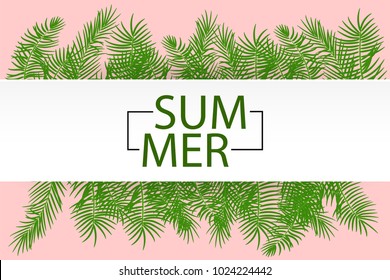 Hello summer greeting. Tropical background vector palm leaf. Exotic summer green jungle tree. Hawaii plant pattern decoration design. Botanical tropic palm fashion element. Colorful travel banner.