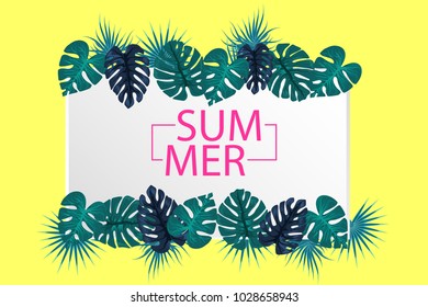 Hello summer greeting. Tropical background vector palm leaf. Exotic summer green jungle tree. Hawaii plant pattern decoration design. Botanical tropic fashion element. Colorful travel banner.
