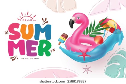 Hello summer greeting vector background design with sea shell, umbrella, starfish, popsicle, palm leaf and water splash beach elements decoration in colorful abstract background. Vector illustration. 