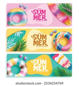 Olá verão saudação vetor banner design. Summer hello saudação texto com flutuadores coloridos, prancha de surfe, óculos de sol e folhas de palma elementos de decoração. Coleção sazonal de verão de ilustração vetorial