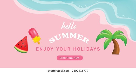 Hello summer greeting vector banner design. Summer banner with coconut trees, ice cream and watermelon 3d decoration.