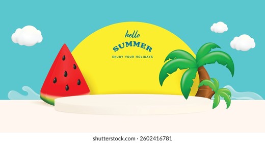 Hello summer greeting vector banner design. Summer Podium display with coconut trees, ice cream and watermelon 3d decoration.