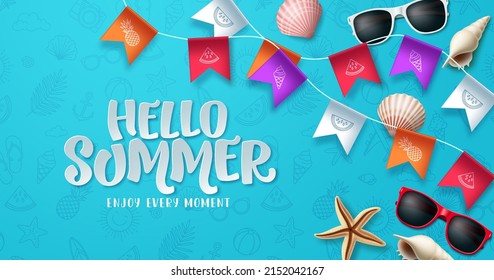 Hello summer greeting vector design. Summer text in blue space with pennants element decoration for tropical season background. Vector illustration.
