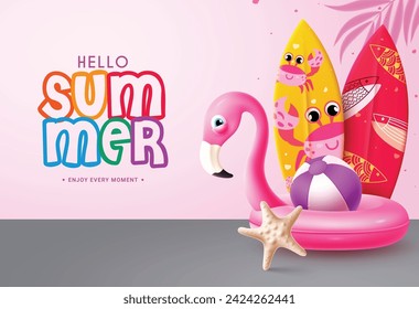 Hello summer greeting vector design. Summer hello text with flamingo floaters, crab and fish pattern surfboard elements for tropical season background. Vector illustration summer hello greeting design