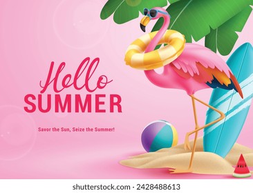 Hello summer greeting vector design. Summer hello greeting text with pink cute flamingo wearing sunglasses and floaters beach elements for tropical travel background. Vector illustration summer 