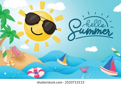 Hello summer greeting vector design. Summer hello greeting text with happy spilling sun in beach wave ocean and blue sky background. Vector illustration summer tropical concept.
