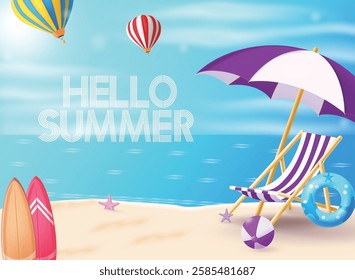 Hello summer greeting vector design. Hello summer greeting text in beach outdoor background. Vector illustration summer beach design.
