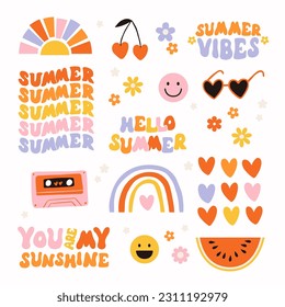 Hola verano Groovy hippie 70s set. Flor divertida de dibujos animados, arco iris, amor, corazón, margarita. Paquete de sticker sobre el estilo de dibujos animados retro psicodélicos de moda de verano. Ilustración vectorial aislada.