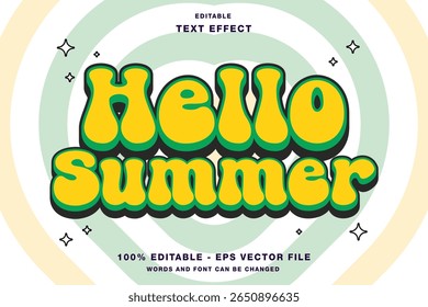Hello Summer Groovy Style Cartoon 3D Editable Text Effect Template Premium Vector	
