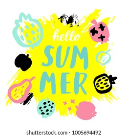 Hello summer. Hand draw cute fruits on a background of watercolor stains. Vector illustration.
