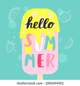 Hello summer. Hand draw cute fruits on a background of ice cream. Vector illustration