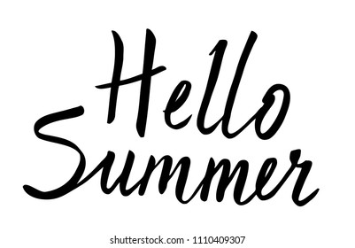 Hello summer hand drawn brush lettering isolated on white background. Hand written calligraphy style. Vector poster element.