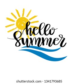 Hello Summer hand drawn brush lettering. logo Templates. Isolated Typographic Design Label with black text, blue sea wave and yellow doodle sun icon.