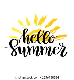 Hello Summer hand drawn brush lettering. logo Templates. Isolated Typographic Design Label with black text and yellow doodle sun icon.