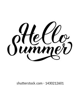 Hello summer hand drawn brush lettering isolated on white. Inspirational quote calligraphy poster. Easy to edit vector template for logo design, banner, flyer, sticker, t-shot.