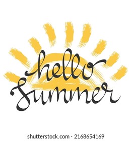 Hello Summer hand drawn brush lettering. logo Templates. Isolated Typographic Design Label with black text and yellow doodle sun icon