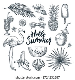 Hello summer hand drawn calligraphy lettering and tropical design elements set. Vector sketch illustration. Vacation, sea beach holiday design elements, isolated on white background.