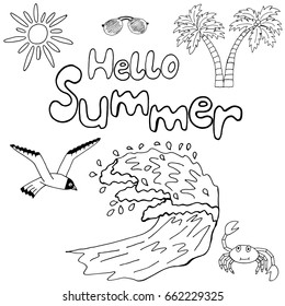 Hello Summer Hand Drawn Calligraphy Text. Drawing Bird, Wave, Palm Tree, Glass and Sun. Template for Card, Poster, Banner with Doodle Icons. Sketch Beach Elements and Symbols. Vector Illustrations.