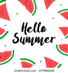 Hello summer hand drawn card. Hand drawn watermelons on the white background