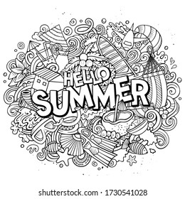 Hola, ilustración de doodles dibujados a mano en verano. Un divertido diseño estacional. Fondo vectorial de arte creativo. Texto manuscrito con elementos y objetos de vacaciones. Composición de arte de línea