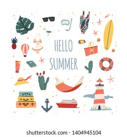 Hello Summer. Hand drawn doodle summer illustration with palm leaf, lighthouse, swimsuit, cactus, surfboard, pineapple etc. Stock vector