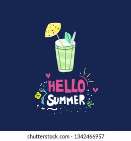 Hello summer hand drawn flat vector lettering. Cocktail, soda glass with straw and umbrella doodle drawing. Soft drink, cold beverage typography. T-shirt print. Beach party banner design