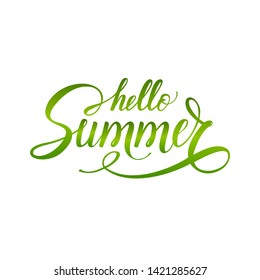 Hello summer hand drawn green gradient lettering logo on white background. Calligraphy design for poster, banner, greeting card, invitation, flyer - vector illustration Eps10.
