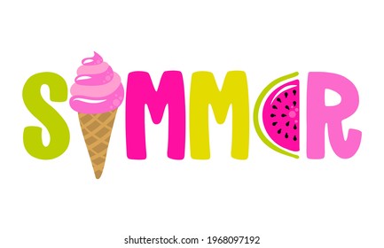 Hello Summer - Hand drawn ice cream and watermelon illustration with summer word. Holiday color poster. Good for scrap booking, posters, greeting cards, banners, textiles, gifts, shirts, mugs.