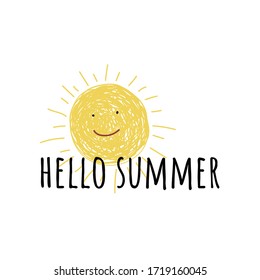 Hello summer. Hand drawn illustration of sun and handwritten lettering. Sketch style. Vector.