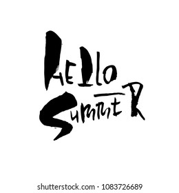 Hello summer hand drawn lettering isolated on white background for your design. Vector illustration. Modern dry brush inscription.