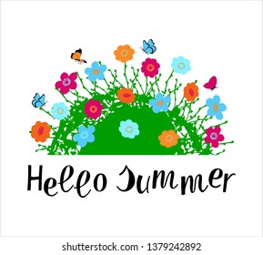 Hello Summer hand drawn lettering phrase with floral compositin on white background. Handwritten calligraphy design for greeting cards, posters, banners, cloth, textile, fabric. Vector illustration