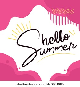 Hello summer hand drawn lettering isolated on funny pink background