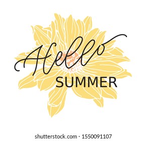Hello Summer hand drawn lettering. Modern brush calligraphy. Ink illustration. Original hand lettering. Phrase for card or poster. Quote great for photo overlay. 