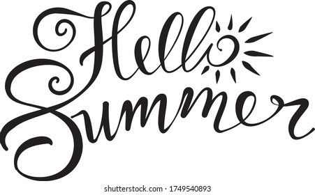 Hello summer hand drawn lettering with sun icon. Logo templates. Vector illustration.