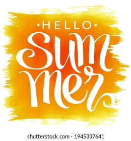 Hello summer, hand drawn lettering on  watercolor sport background. Summer vector poster, card, print, banner.