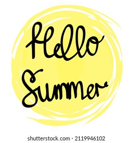 Hola Letras dibujadas a mano de verano, sol amarillo