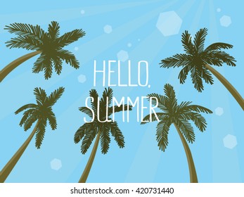 Hello summer hand drawn lettering quote on a palm trees background with blue sky rectangle composition.