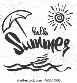 Hello summer hand drawn lettering isolated on white background for your design