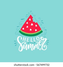 Hello summer hand drawn lettering. Vector illustration with hand drawn watermelon and hand lettering.