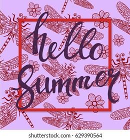 Hello summer hand drawn lettering on dragonfly pattern for your design. Eps10