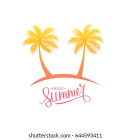 Hello Summer hand drawn lettering and palm trees silhouette. Vector illustration.