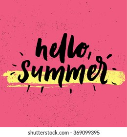 "Hello Summer".  The hand drawn letters. Lettering and typographic design. Hand painted brush lettering. Hand lettering and custom typography for your designs: for posters, invitations, cards, etc.