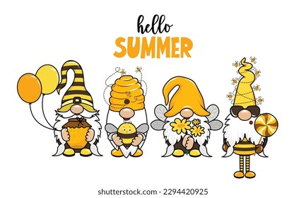 Hola verano - ilustración de gnomos modernos dibujada a mano. Perfecto para publicidad, afiche, anuncio o tarjeta de felicitación. Hermosos gnomos disfrazados de abejas.